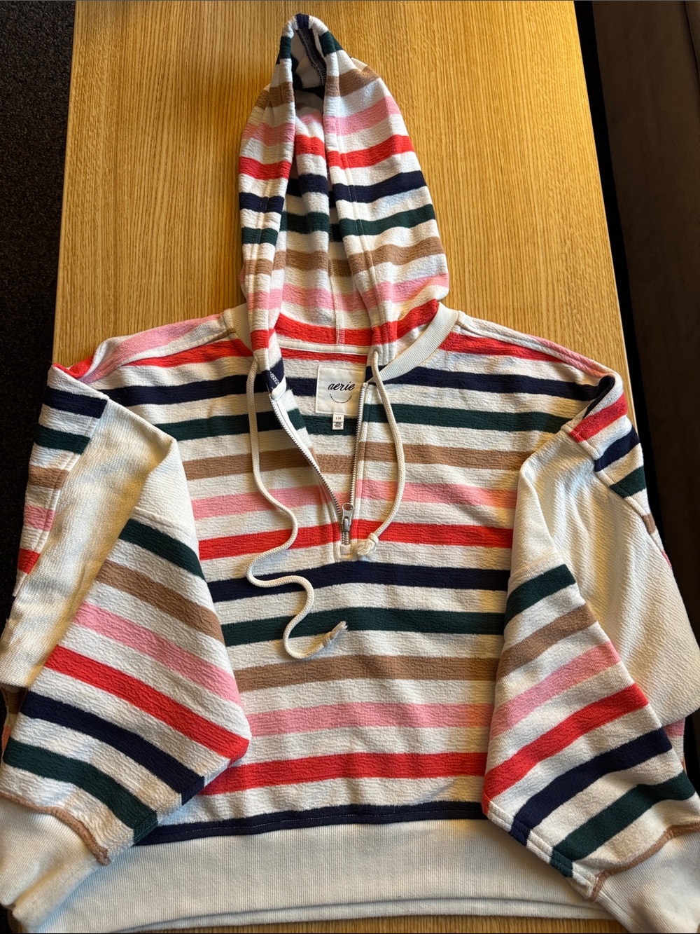 aerie Striped Hooded Half-Zip Pullover - Navy, Coral, Pink, Tan, Green